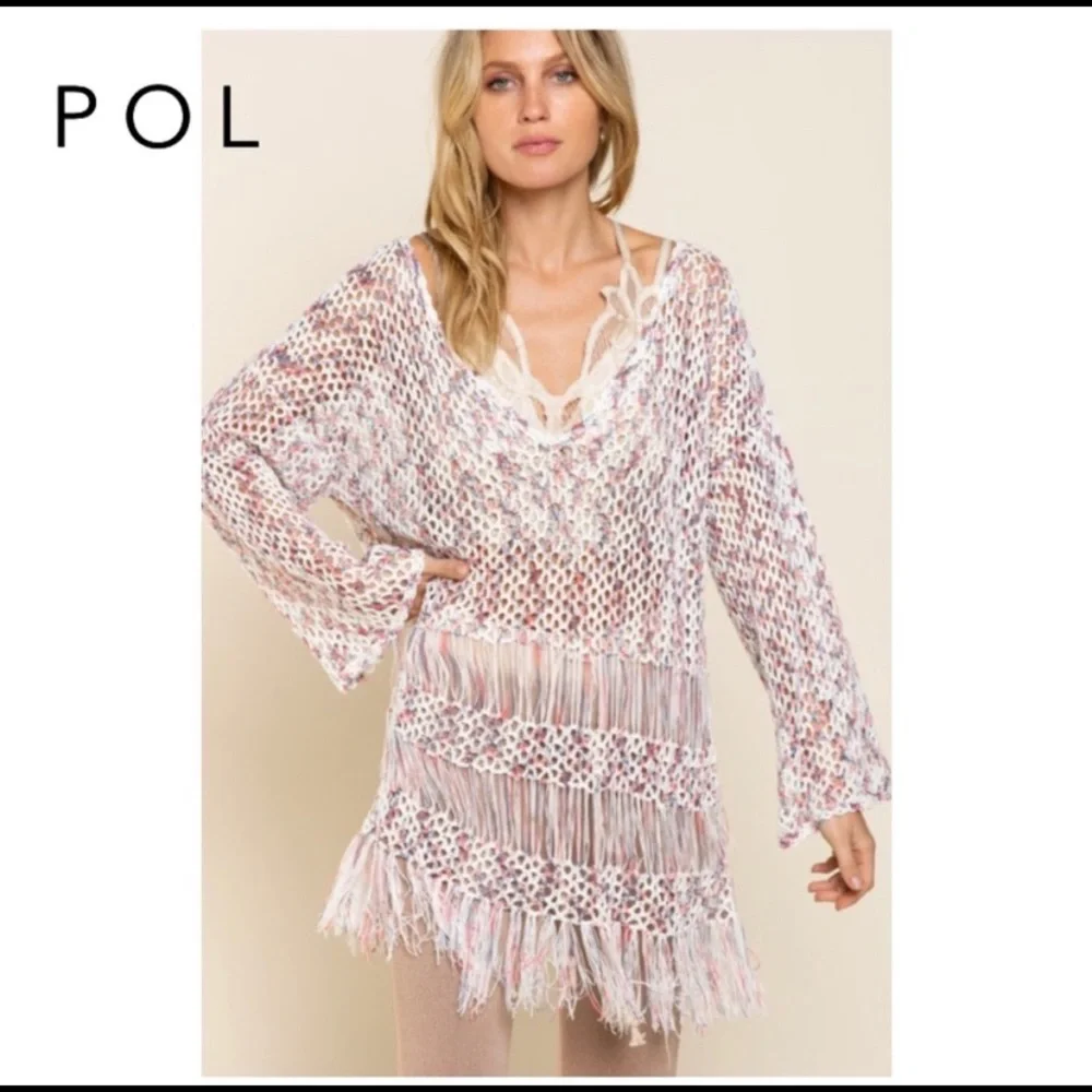 NEW POL Sheer Sexy Fringe Crocheted Tunic - Picture 2 of 9